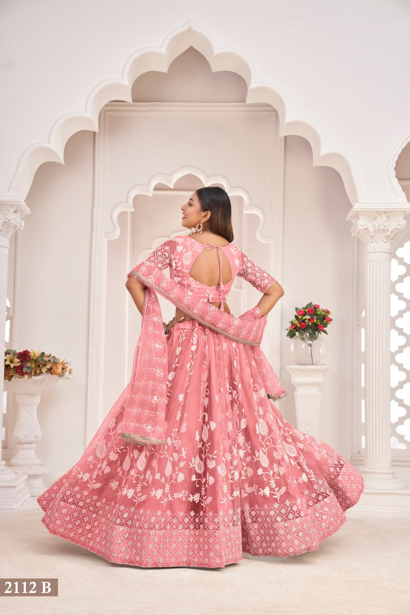 Stylish Embroidered Sequins Work Semi Stitched Net Lehenga For Weddings 2112