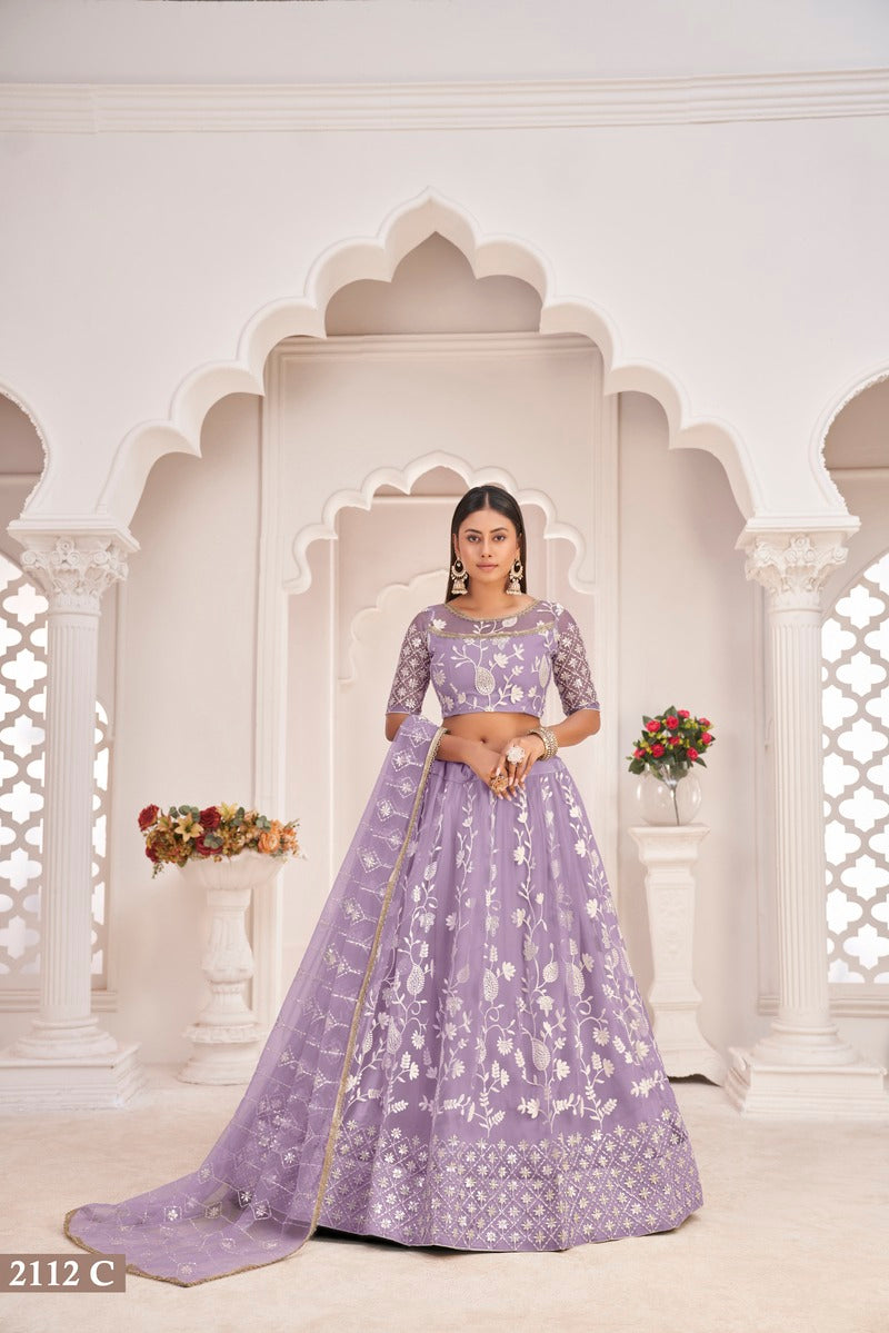 Stylish Embroidered Sequins Work Semi Stitched Net Lehenga For Weddings 2112