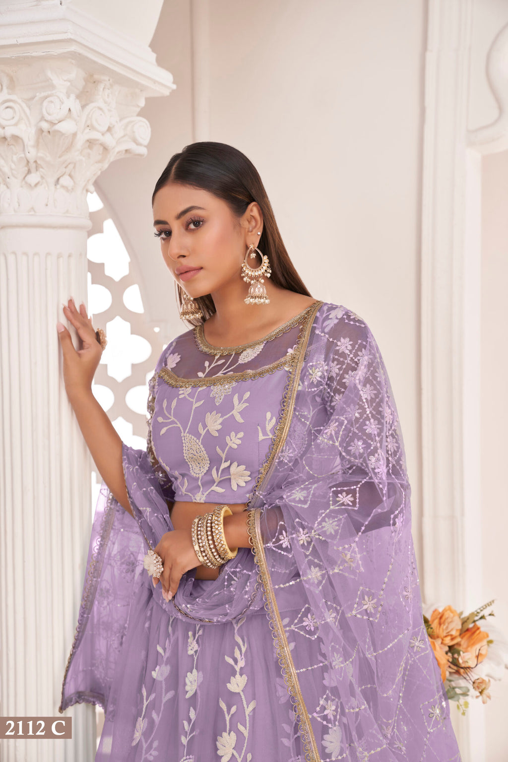 Stylish Embroidered Sequins Work Semi Stitched Net Lehenga For Weddings 2112