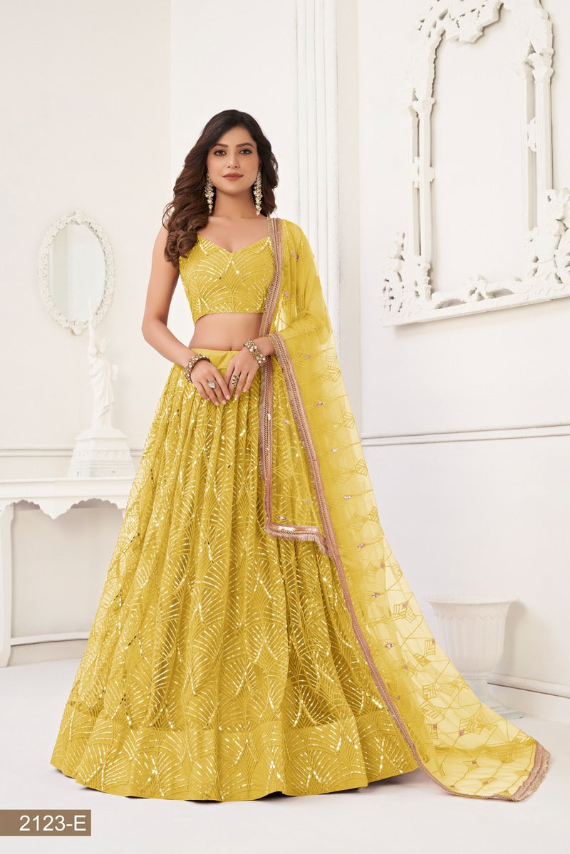 Gorgeous Embroidered Sequins Work Semi Stitched Net Lehenga For Weddings 2123