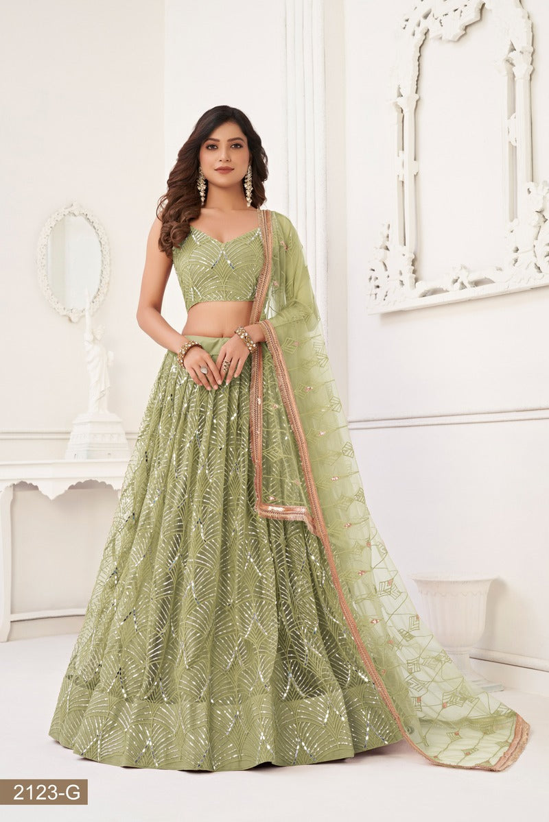 Gorgeous Embroidered Sequins Work Semi Stitched Net Lehenga For Weddings 2123