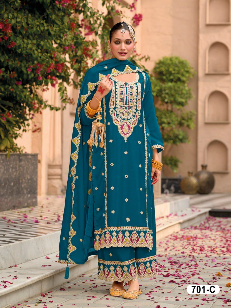 Chinon Silk Embroidered Full Stitched Wedding Palazzo Suit 701