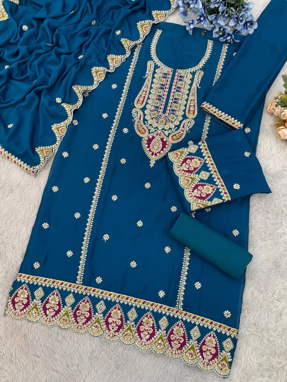Chinon Silk Embroidered Full Stitched Wedding Palazzo Suit 701