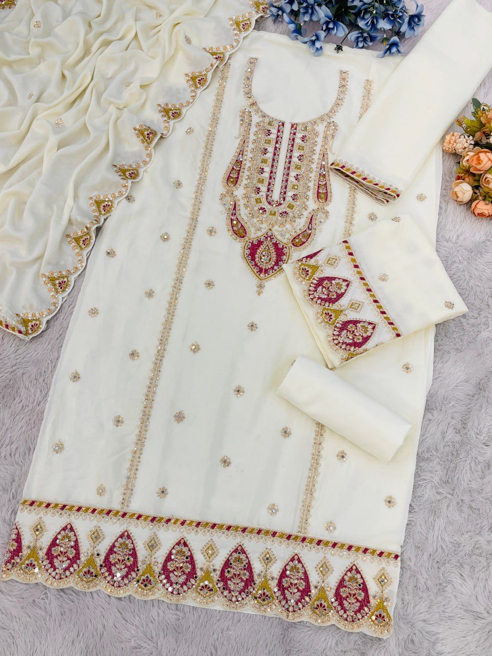 Chinon Silk Embroidered Full Stitched Wedding Palazzo Suit 701