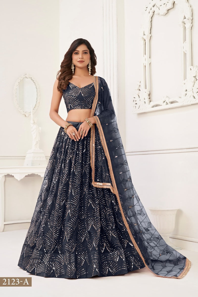 Gorgeous Embroidered Sequins Work Semi Stitched Net Lehenga For Weddings 2123