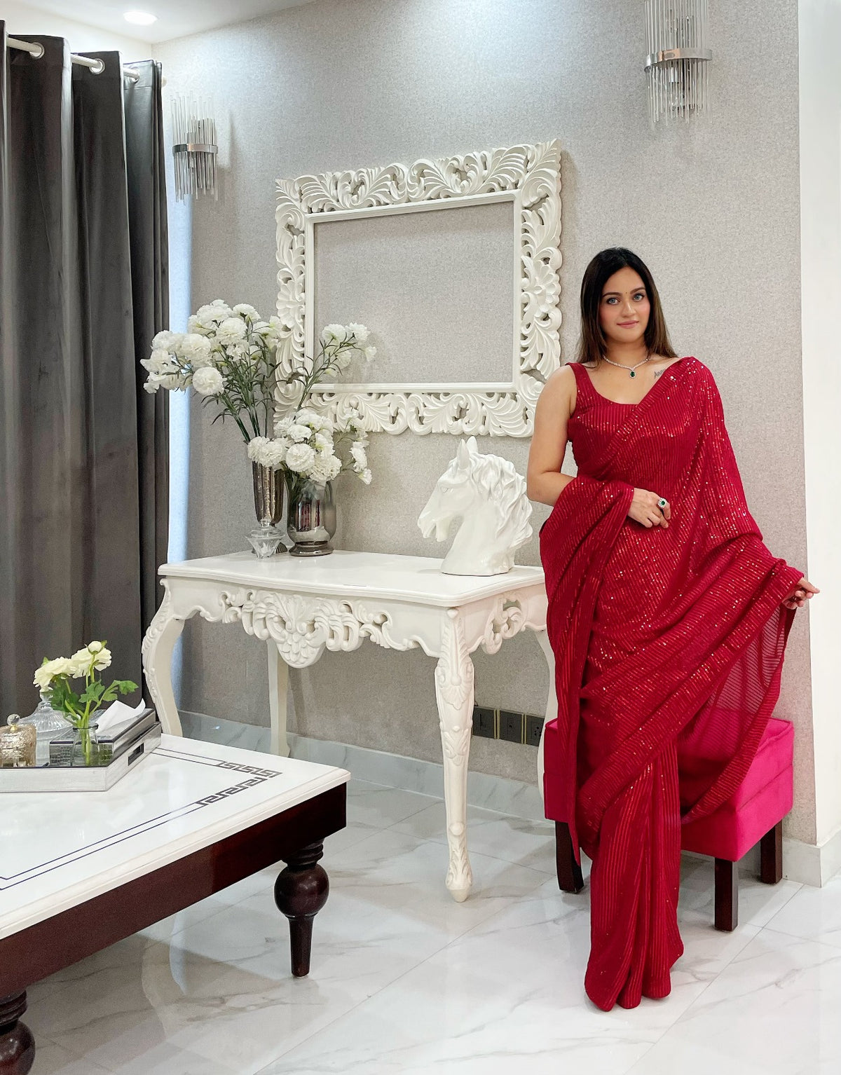 Party Wear Heavy Sequins Work Georgette Saree With Blouse 18046