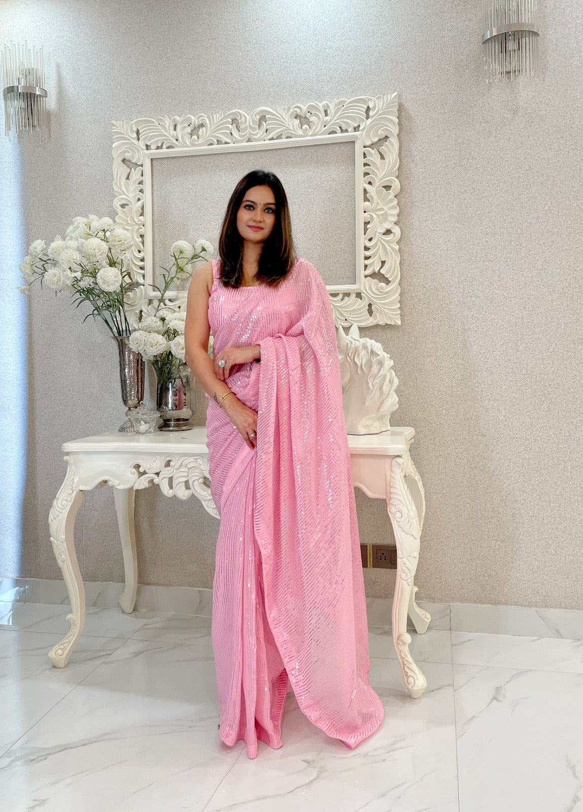 Party Wear Heavy Sequins Work Georgette Saree With Blouse 18046