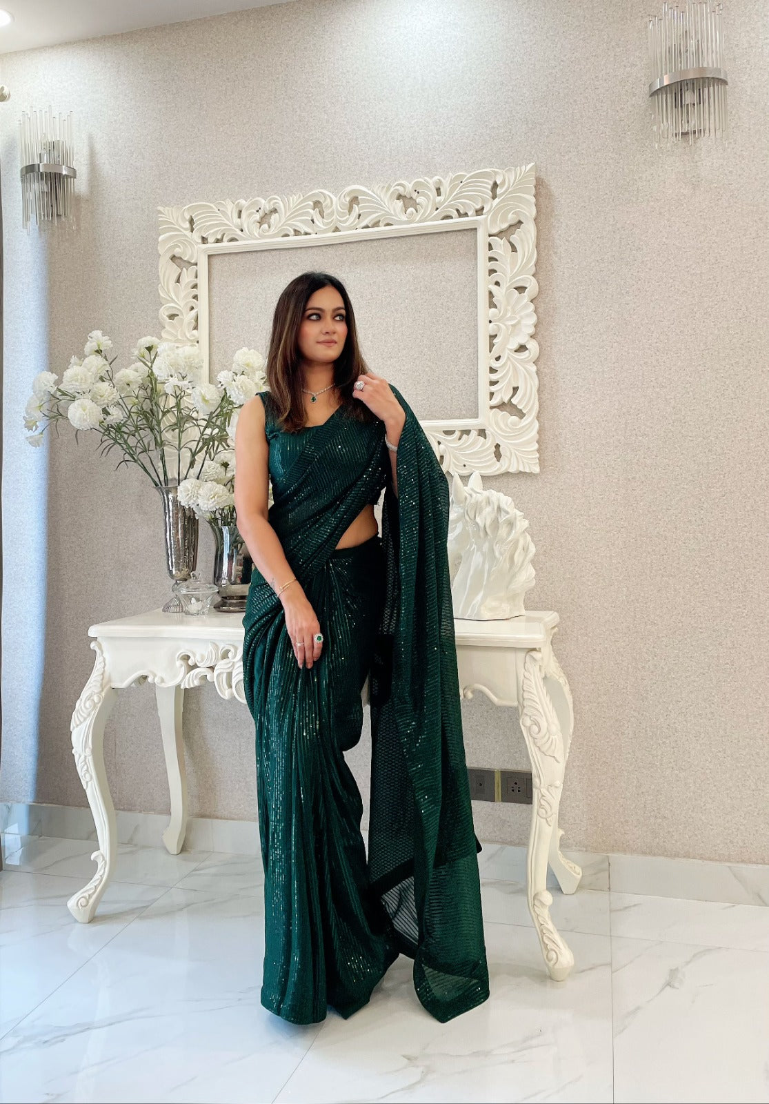 Party Wear Heavy Sequins Work Georgette Saree With Blouse 18046
