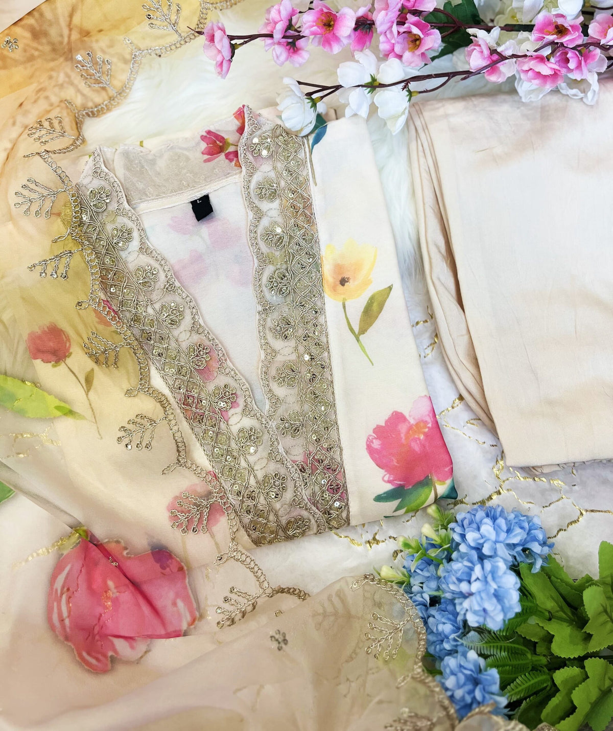 Party Wear Floral Print Organza Off White Ceremonial Suit 2011