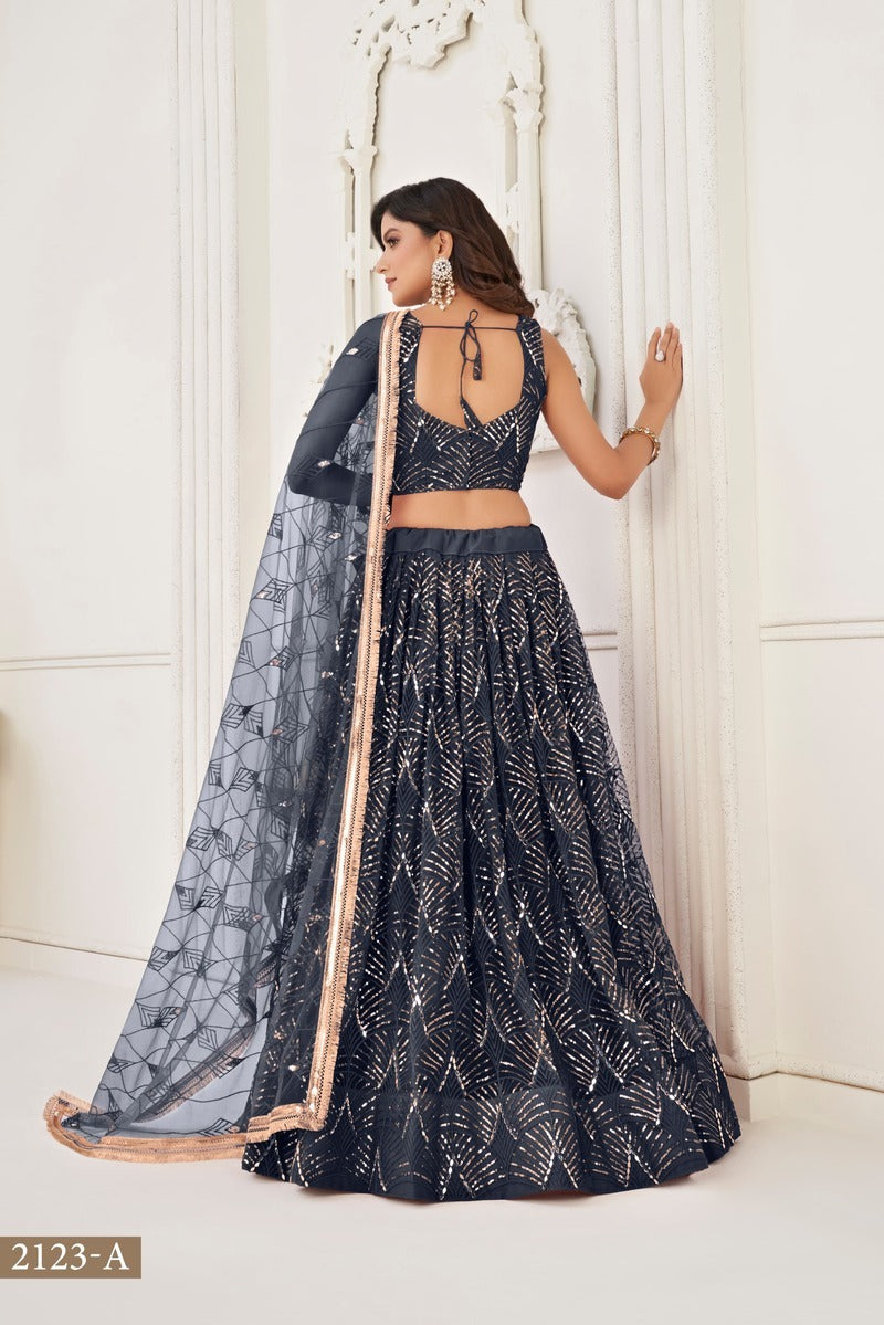 Gorgeous Embroidered Sequins Work Semi Stitched Net Lehenga For Weddings 2123