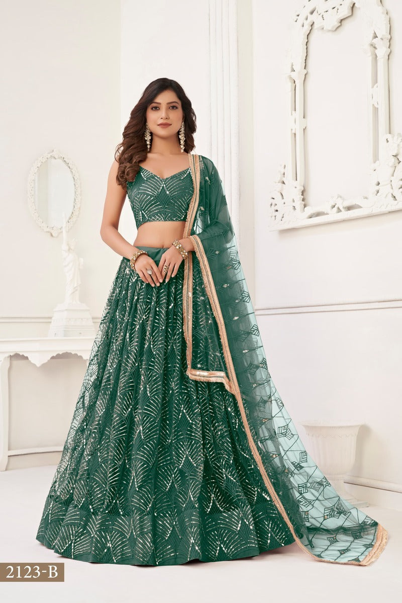 Gorgeous Embroidered Sequins Work Semi Stitched Net Lehenga For Weddings 2123