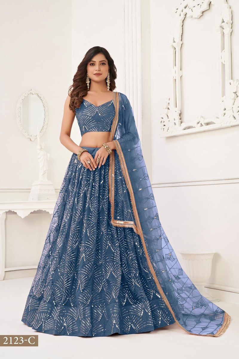 Gorgeous Embroidered Sequins Work Semi Stitched Net Lehenga For Weddings 2123