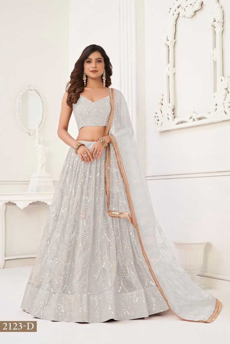 Gorgeous Embroidered Sequins Work Semi Stitched Net Lehenga For Weddings 2123