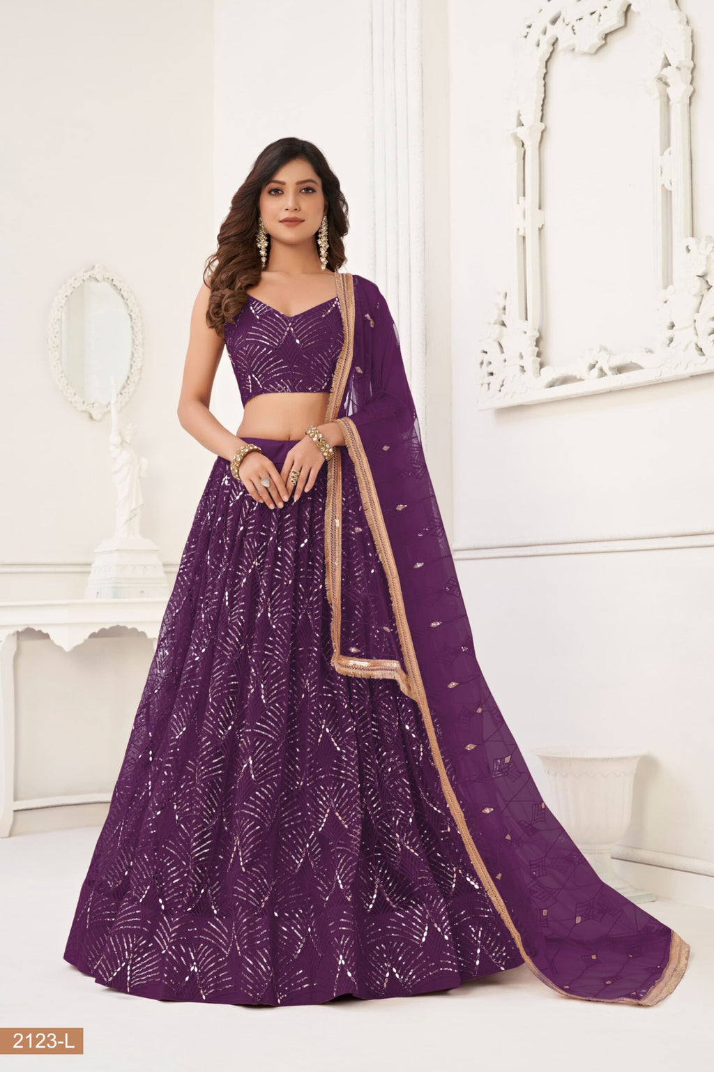 Gorgeous Embroidered Sequins Work Semi Stitched Net Lehenga For Weddings 2123