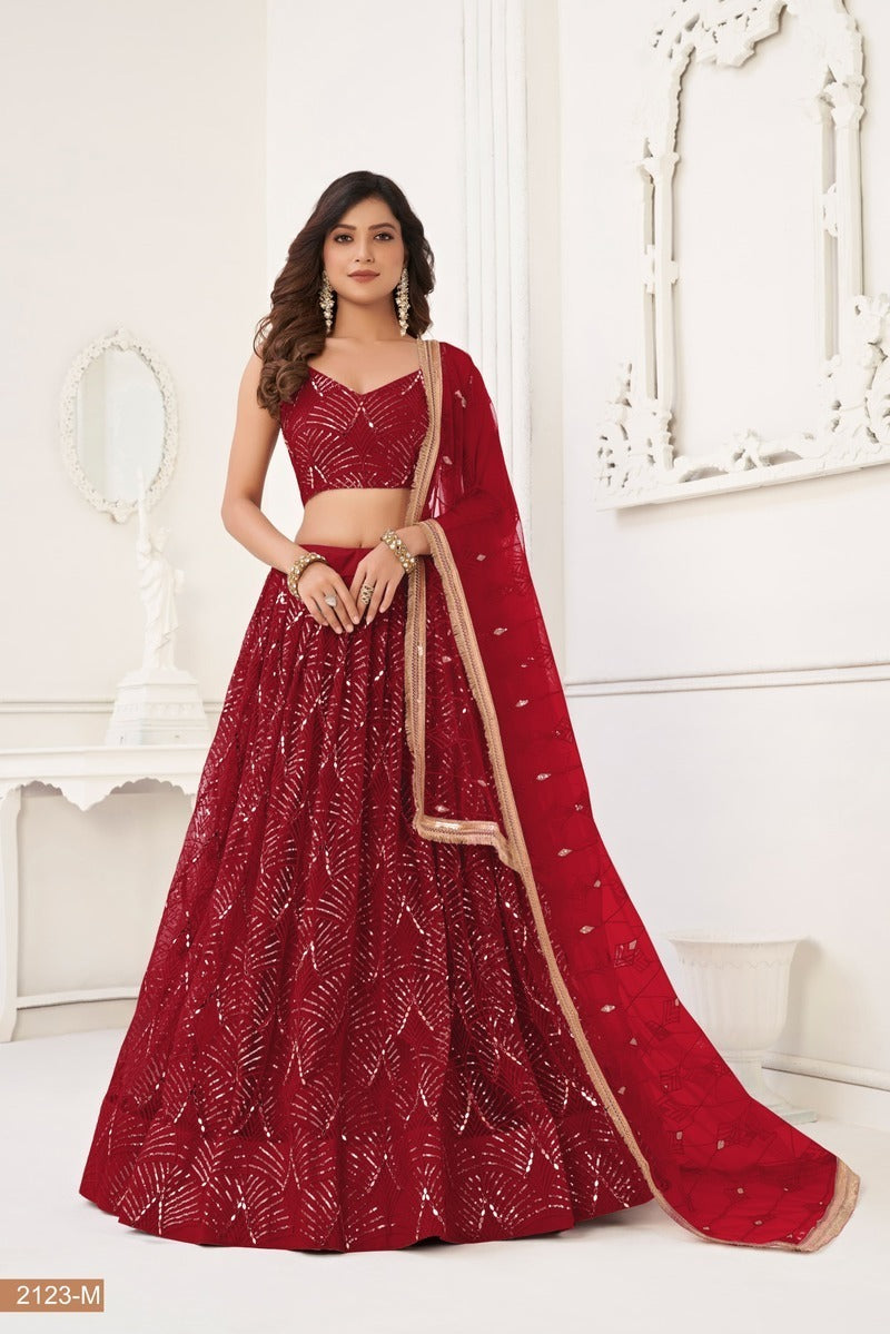 Gorgeous Embroidered Sequins Work Semi Stitched Net Lehenga For Weddings 2123