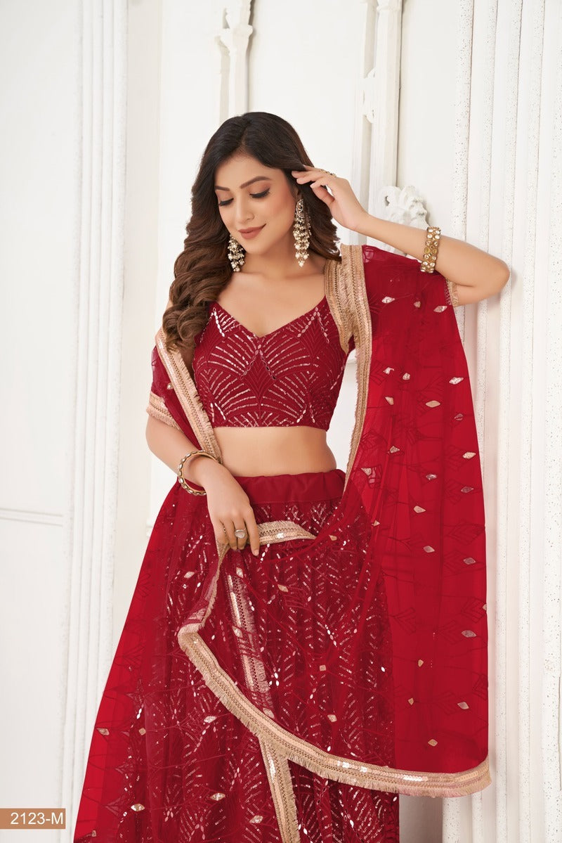 Gorgeous Embroidered Sequins Work Semi Stitched Net Lehenga For Weddings 2123