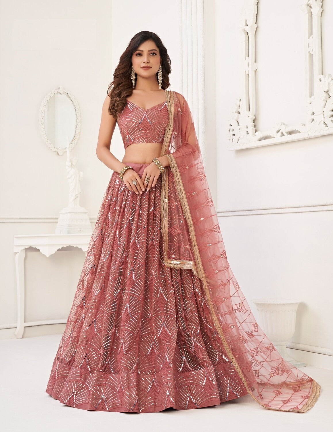 Gorgeous Embroidered Sequins Work Semi Stitched Net Lehenga For Weddings 2123