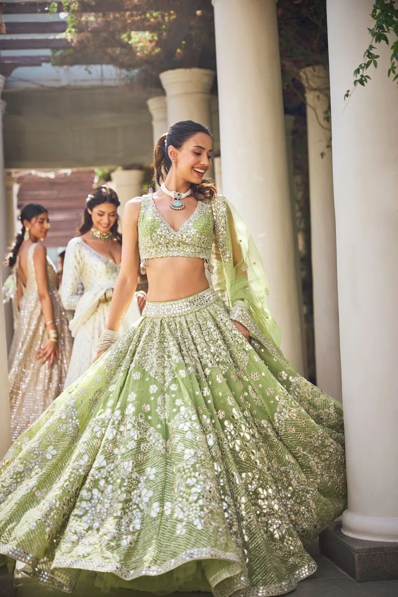 Pastel Green Heavy Georgette Embroidery Diamond Work Semi Stitched Lehenga 1082