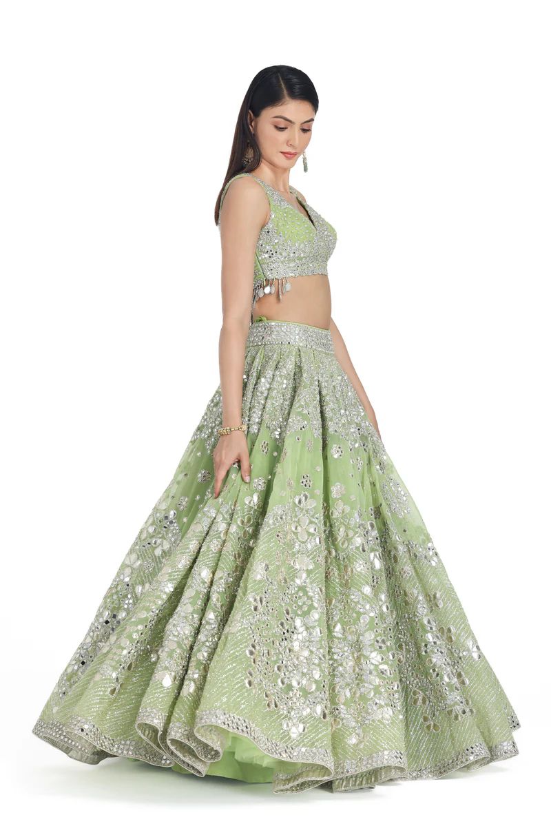 Pastel Green Heavy Georgette Embroidery Diamond Work Semi Stitched Lehenga 1082