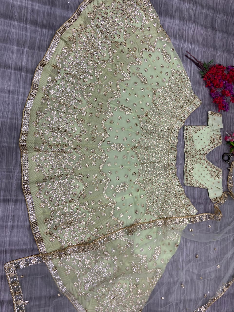 Pastel Green Heavy Georgette Embroidery Diamond Work Semi Stitched Lehenga 1082
