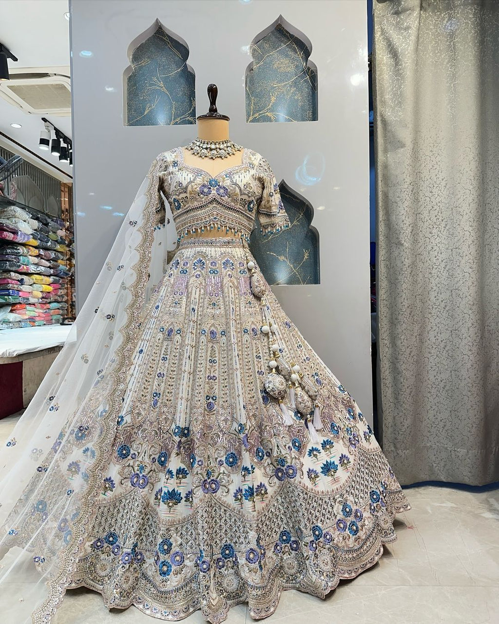 White & Blue Satin Silk Heavy Embroidery Diamond Work Semi Stitched Bridesmaid Lehenga 1083