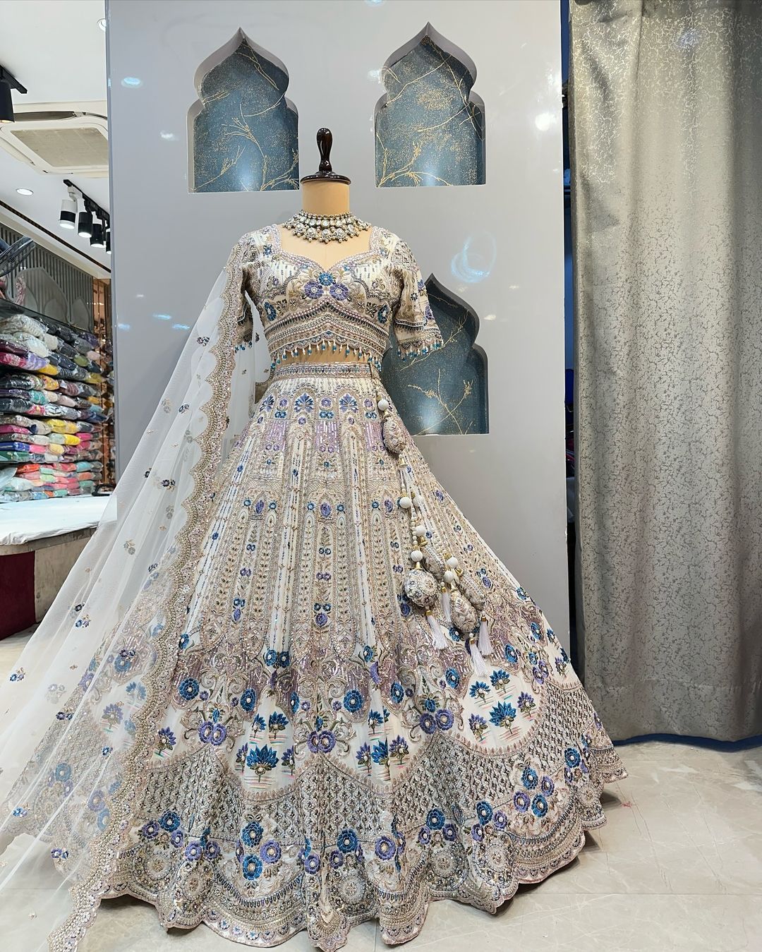 White & Blue Satin Silk Heavy Embroidery Diamond Work Semi Stitched Bridesmaid Lehenga 1083