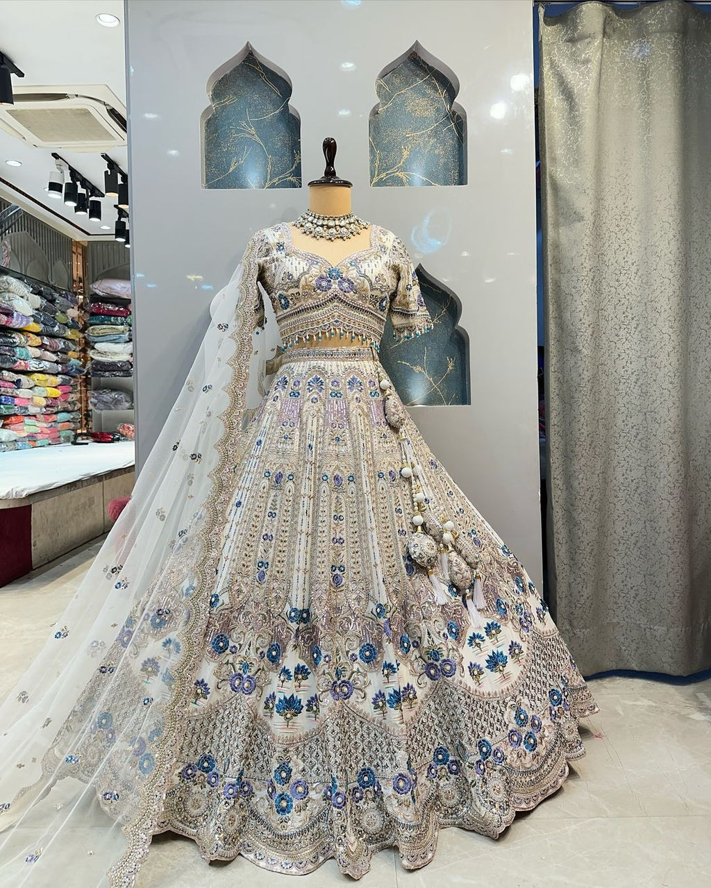 White & Blue Satin Silk Heavy Embroidery Diamond Work Semi Stitched Bridesmaid Lehenga 1083