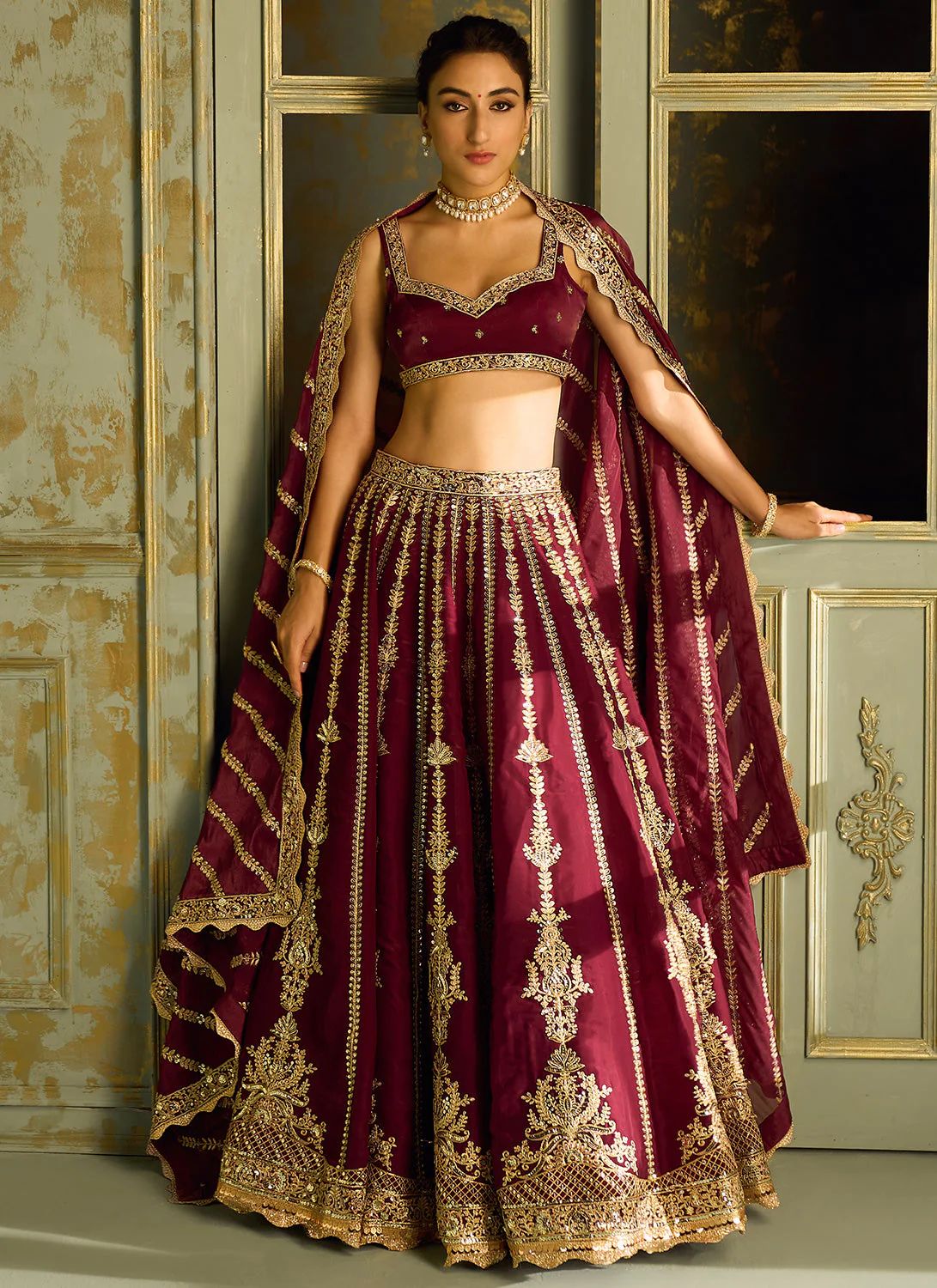 Maroon Heavy Embroidery Diamond Work Semi Stitched Wedding Lehenga 1084
