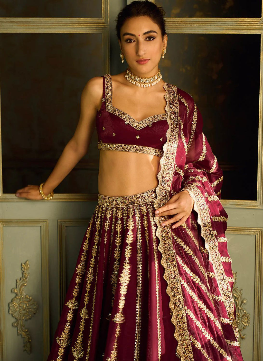 Maroon Heavy Embroidery Diamond Work Semi Stitched Wedding Lehenga 1084