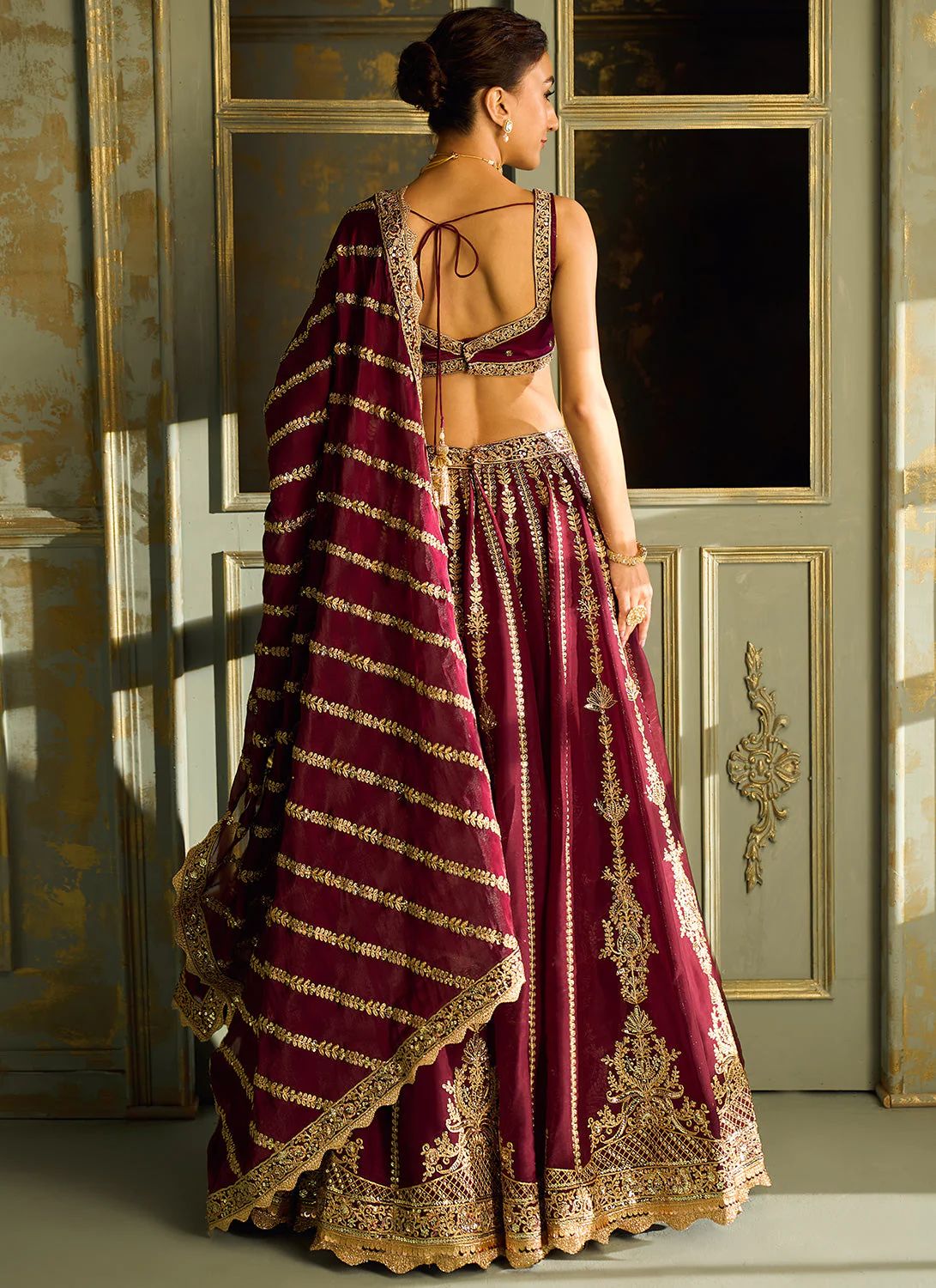 Maroon Heavy Embroidery Diamond Work Semi Stitched Wedding Lehenga 1084