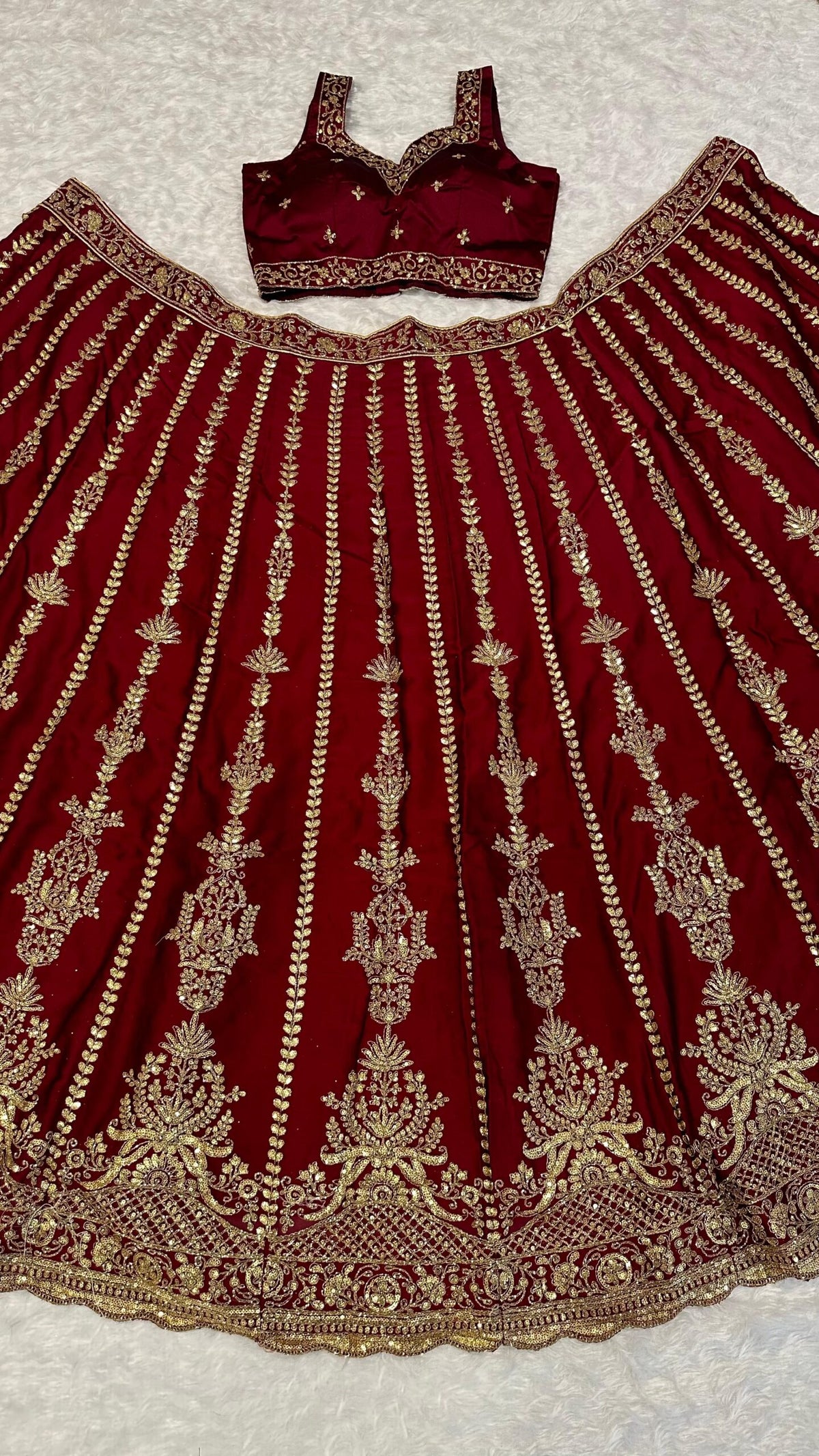 Maroon Heavy Embroidery Diamond Work Semi Stitched Wedding Lehenga 1084