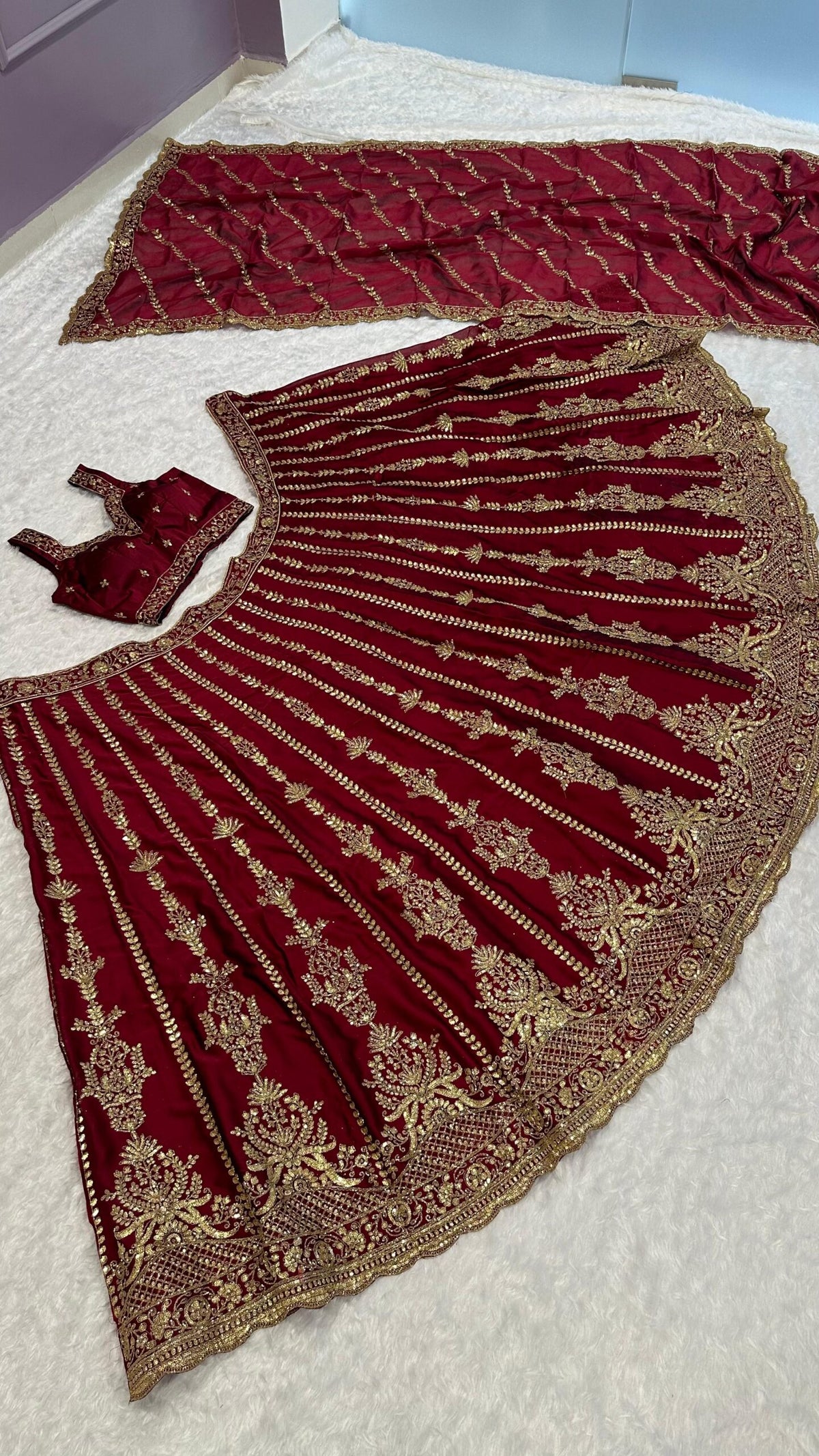 Maroon Heavy Embroidery Diamond Work Semi Stitched Wedding Lehenga 1084
