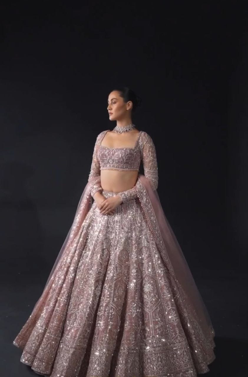 Pastel Purple Heavy Net Embroidery Diamond Work Semi Stitched Lehenga 1081