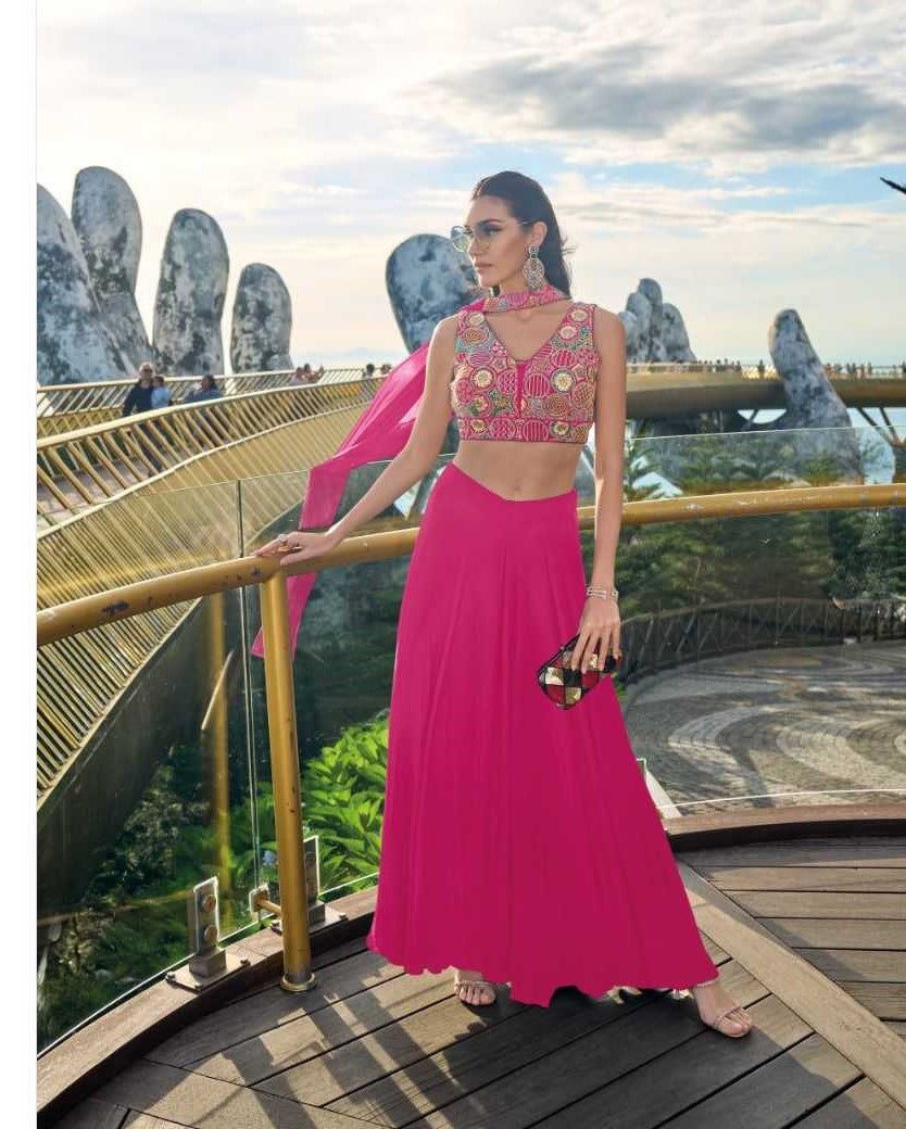 Pink Chinon Silk Crop Top, Palazzo & Dupatta Set 1221