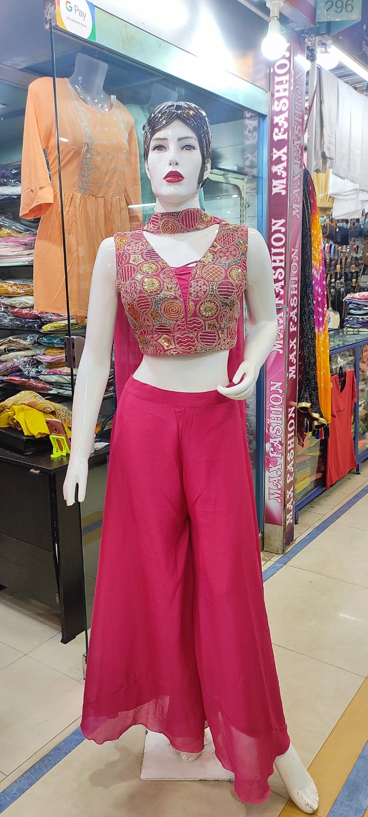 Pink Chinon Silk Crop Top, Palazzo & Dupatta Set 1221