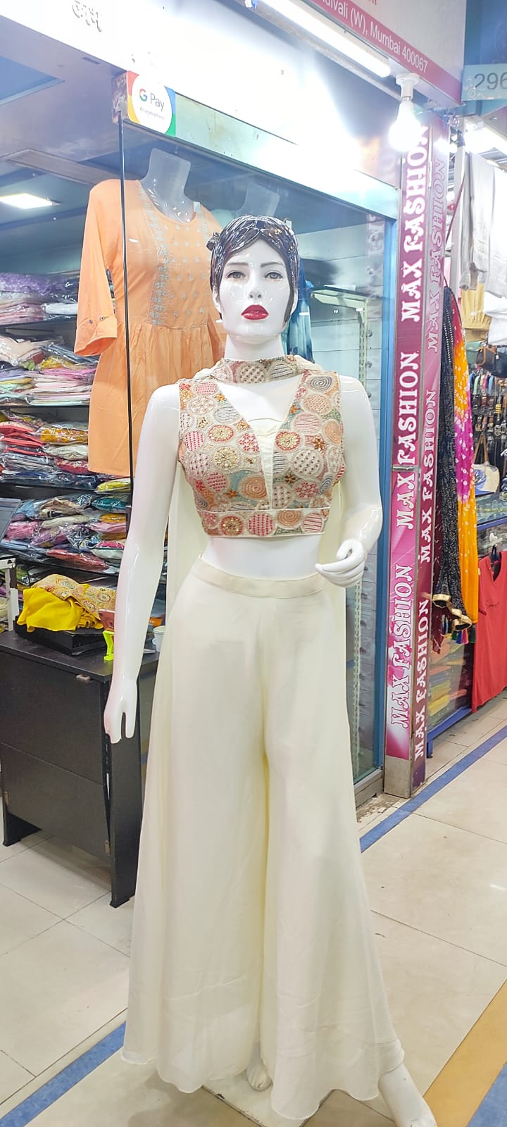 Black Chinon Silk Crop Top, Palazzo & Dupatta Set 1224