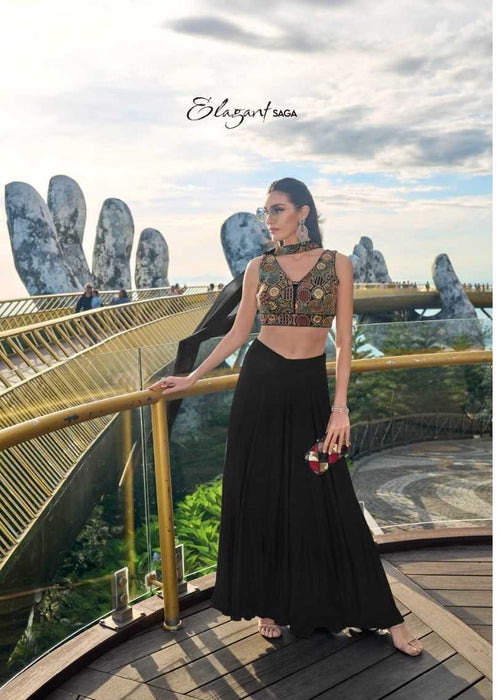 Black Chinon Silk Crop Top, Palazzo & Dupatta Set 1224