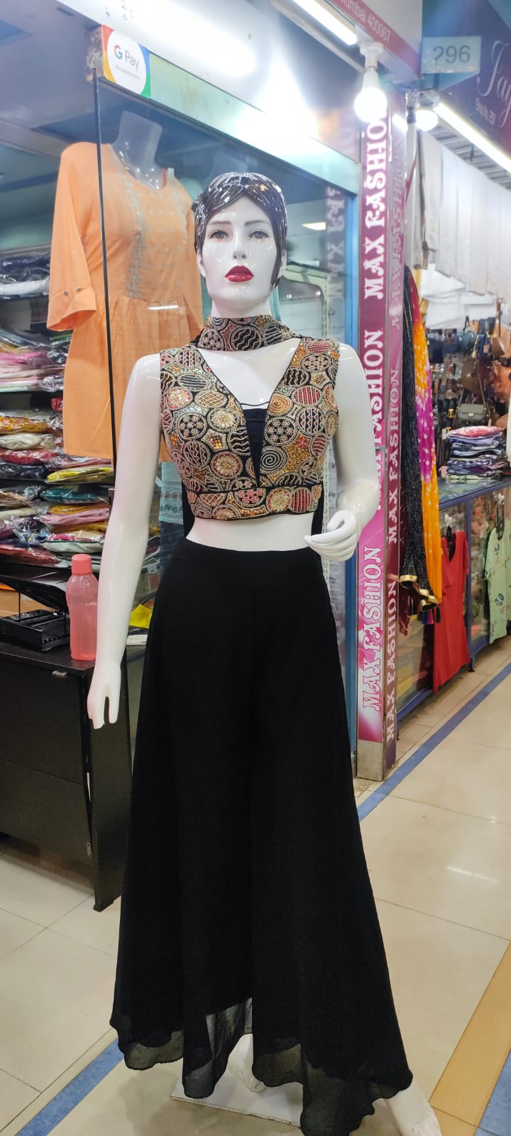 Black Chinon Silk Crop Top, Palazzo & Dupatta Set 1224