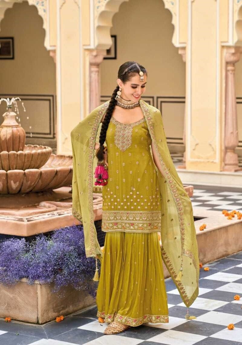 Lemon Green Chinon Silk Gharara Suit For Weddings 1655
