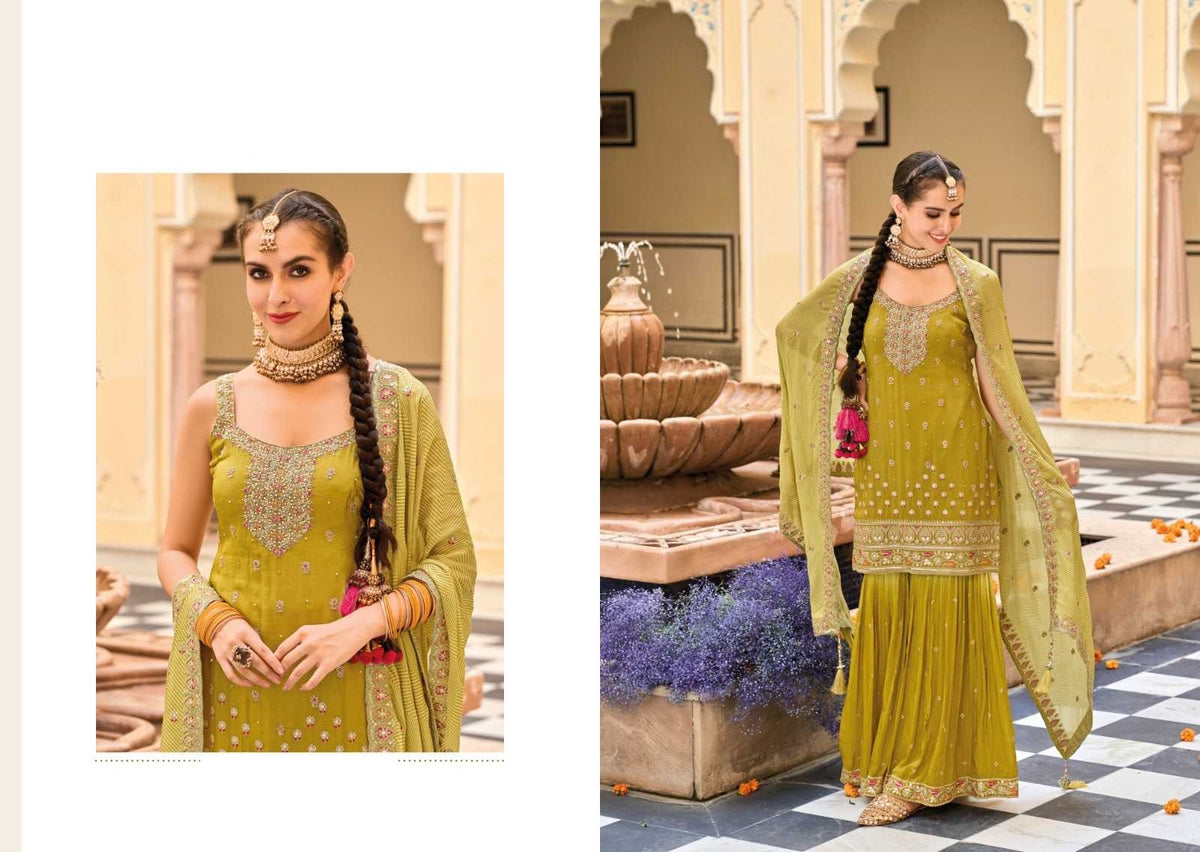 Lemon Green Chinon Silk Gharara Suit For Weddings 1655