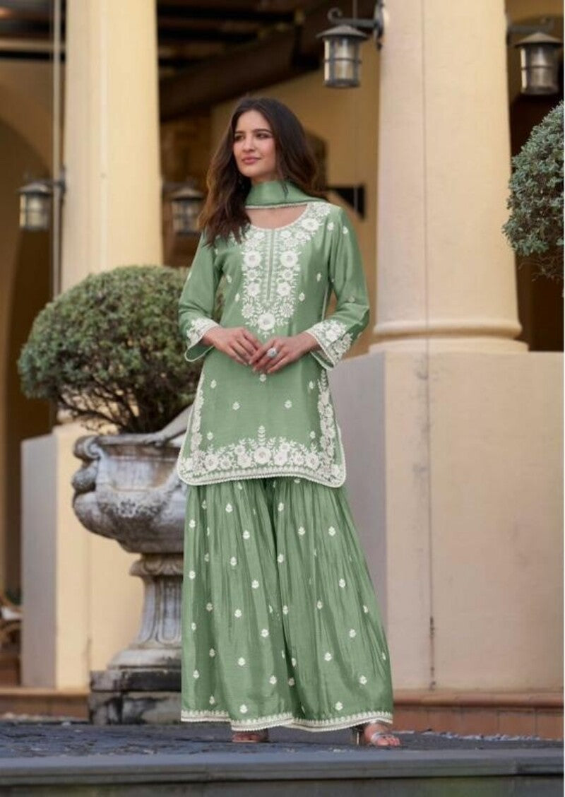 Chinon Silk Lucknowi Work Festive Look Gharara Sets By Aarshi Fashions 4301