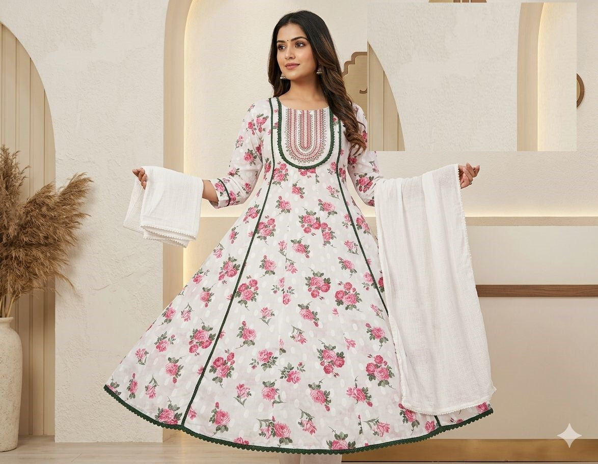 White Cotton Summer Collection Floral Print Anarkali Suit 8001