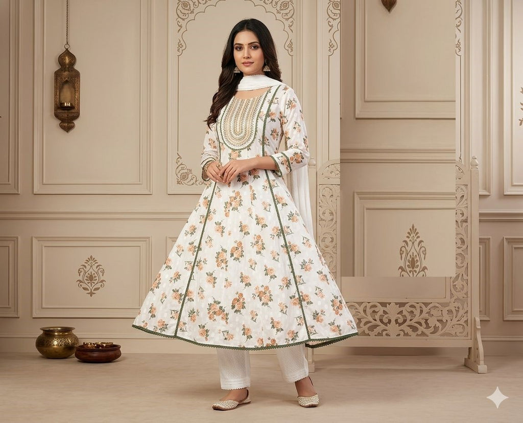 White Cotton Summer Collection Floral Print Anarkali Suit 8001