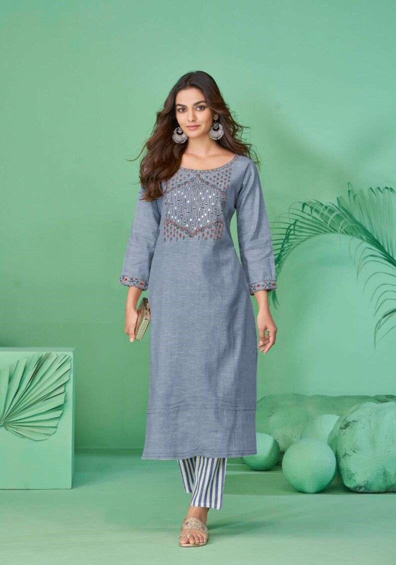 Purple Pure Cotton Mirror Work Kurti Pant Set 624
