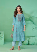 Light Blue Pure Cotton Mirror Work Kurti Pant Set 626