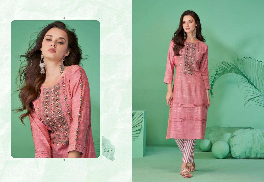 Light Pink Pure Cotton Mirror Work Kurti Pant Set 627