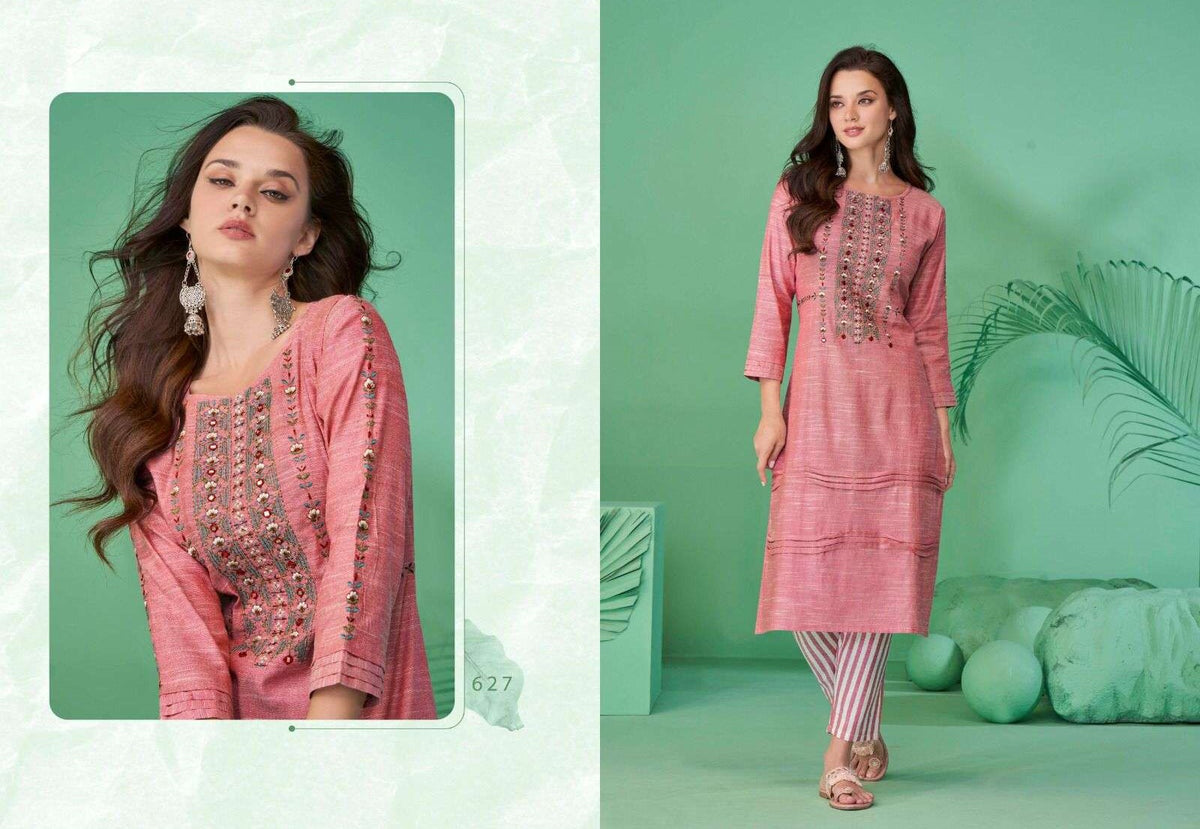 Light Pink Pure Cotton Mirror Work Kurti Pant Set 627