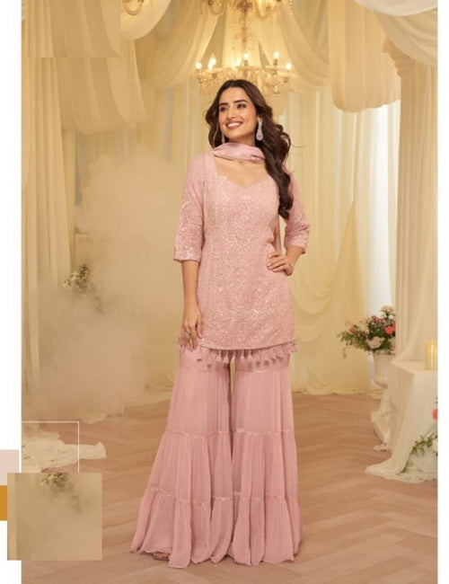 Baby Pink Georgette Full Stitched Sharara Suit 10203