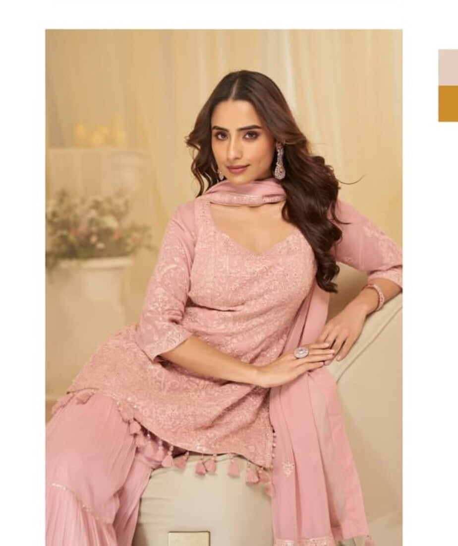 Baby Pink Georgette Full Stitched Sharara Suit 10203