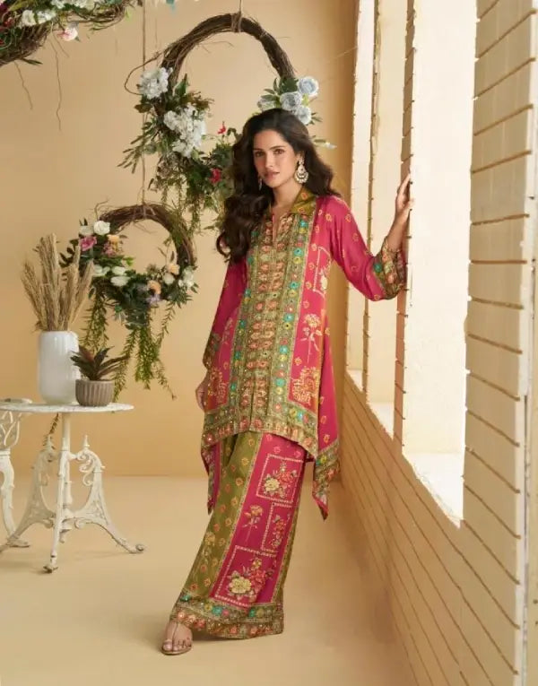 Pure Crepe Silk Digital Print Embellished Mirror Work Co-ord Set 10085